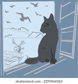 A black kitten is sitting on the windowsill, behind the dormer window: there is a tree, birds, roofs