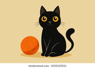 A black kitten sitting and play orange knitting yarn ball