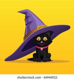 Black kitten in a witch hat