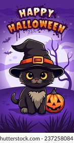 Black kitten in witch hat and Jack o lantern pumpkin. Halloween greeting card. Night background with moon and bats