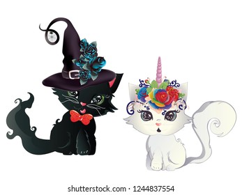 Black kitten in witch hat and white kitten with unicorn horn.