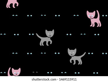 Black kittens on black background, seamless pattern, vector. Funny kittens. Black background with black kittens. 