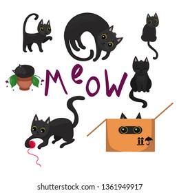 Black kittens with yellow eyes in various poses vector image