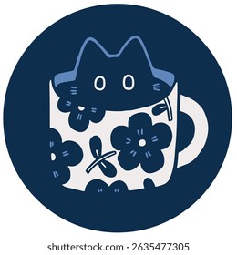Black kitty cat sitting in the coffee cup with floral decoration. Label vector for cafe or coffee shop. Cute logo illustration.