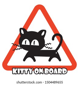 Black kitty on board, triangle icon, red frame, vector illustration. Cat at car.