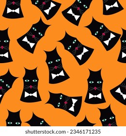 Black kitty seamless pattern on an orange background. Funny black cat character with the bow tie. Vector illustration.