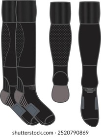 Black knee length sock tech pack flat sketch template cad illustration drawing unisex