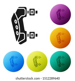Black Knee pads icon isolated on white background. Extreme sport. Sport equipment. Skateboarding, bicycle, roller skating protective gear. Set icons colorful circle buttons. Vector Illustration