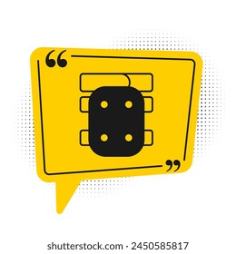 Black Knee pads icon isolated on white background. Extreme sport. Skateboarding, bicycle, roller skating protective gear. Yellow speech bubble symbol. Vector