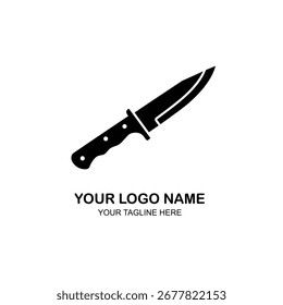 El cuchillo negro con el mango apunta hacia arriba sobre la superficie blanca, el nombre del logotipo y el lema aparecen a continuación, creando un diseño simple y minimalista.