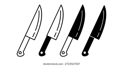 Schwarzes Messer-Ikonenbündel, das Küchenutensilien zum Schneiden und zur Zubereitung von Lebensmitteln darstellt. Ideal für kulinarische Inhalte, Kochlehrgänge und Projekte zum Küchenbranding.