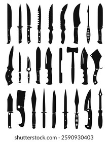 black knife icon set featuring various knife designs. A vector collection perfect for kitchen tools, hunting, survival, cooking, and culinary illustrations on a white background.	