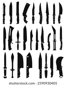 black knife icon set featuring various knife designs. A vector collection perfect for kitchen tools, hunting, survival, cooking, and culinary illustrations on a white background.	