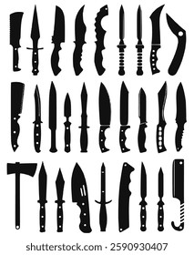 black knife icon set featuring various knife designs. A vector collection perfect for kitchen tools, hunting, survival, cooking, and culinary illustrations on a white background.	