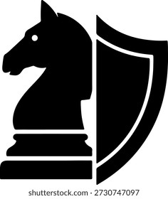 Una pieza de ajedrez de caballero negro con un escudo, que simboliza protección y estrategia, sobre un fondo blanco puro