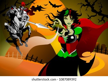 black knight on battle horse fighting with witch, vector