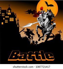 black knight on battle horse fighting with witch, vector