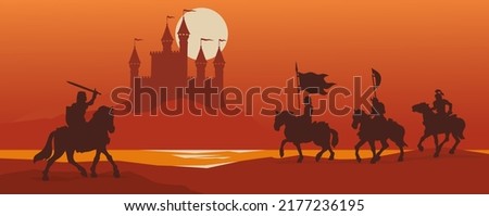 Black knights silhouettes, fantasy warriors going to fight on a castle background. Landscape view of medieval soldiers on horses in helmets with flags, spears, swords and shields. Vector illustration.