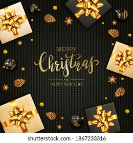 Black knitted background with Christmas balls, pine cones, gifts with golden bow, beads and shiny stars. Illustration can be used for Christmas design, posters, holiday cards, websites and headers.