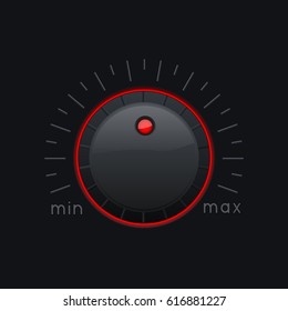 Black knob button. Min and max level. Vector 3d illustration