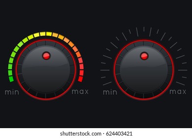 Black knob buttons. Min and max level with colored scale. Vector 3d illustration