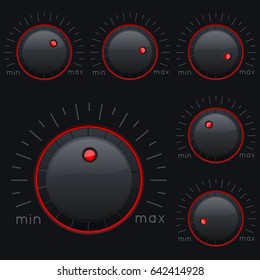 Black knob buttons. Min and max level. Vector 3d illustration