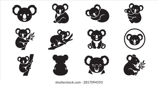 Black koala silhouette vector collection, cute Australian marsupials in various sitting, climbing, and sleeping poses.