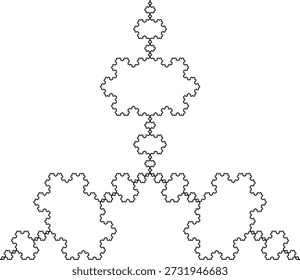 Padrão fractal antisfloco de neve preto Koch sobre um fundo branco, criado a partir de segmentos de linha com uma estrutura geométrica abstrata, simetria, singularidade, autossimilaridade. Adequado para ilustração matemática, científica e educacional, fundo, cartaz, decoração.