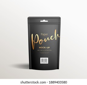 Black kraft paper pouch bags, front view packaging mock up template design, on gray background Eps 10 vector illustration
