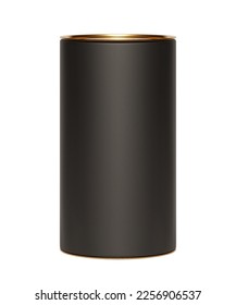 Black kraft paper tube package with golden lid mockup on white. Blank carton circular box with texture. Cylindrical container with cap for product branding. 3D realistic vector illustration