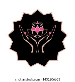 Black label with beautiful logo design for spa salon with female hands silhouette holding a pink lotus flower