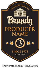 black label for brandy in frame with building