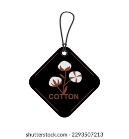 Black label, card board tag layout with cotton flower. Cardboard badge on a thread or string, isolated on white background. Minimal design Label. Vector illustration