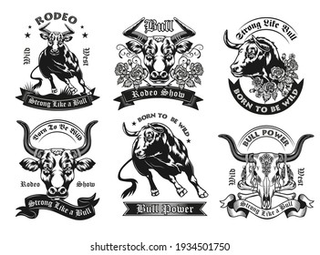 Black label designs with bull vector illustration set. Vintage badges with running ox, bull head and skull. Rodeo show and farm animals concept can be used for retro template, banner or poster