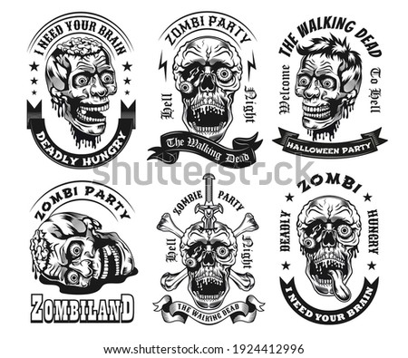 Black label designs with zombie head vector illustration set. Vintage badges with walking dead. Horror and fantastic creatures concept can be used for retro template, banner or poster