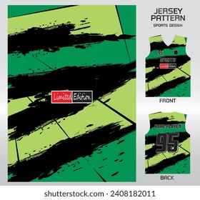 Black label on green background pattern design, illustration, textile background for sports t-shirt, football jersey shirt mockup for football club. consistent front view