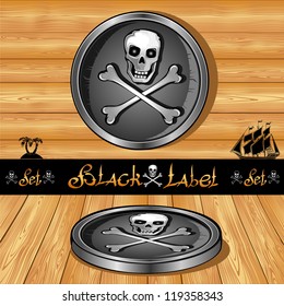 black label right and perspective on wooden background