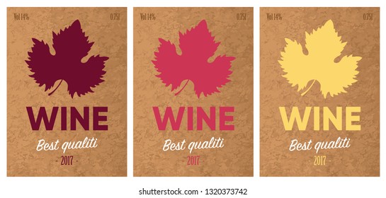 black label for a wine bottle with a leaf of grapes of gold color and a place for your text. Pink wine premium class. Template for your modern design. Minimalism style. Vector illustration