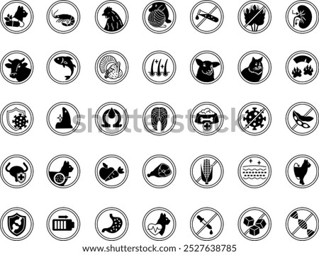 Black Labels for Cat Food Packaging. Vector Icons Low Calorie, Tuna, Chicken, Beef, Lamb, Omega, Turkey, Fish, No Artificial Colors, Strong Immunity, Shiny Coat, Vitamins, and More