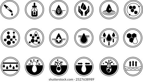 Etiquetas pretas para embalagens de produtos cosméticos. Cuidados com a pele. Ícones vetoriais Ácido, Soro, Retinol, Hidratação, Água Limpa, Regeneração Celular, Creme Nutritivo, Gel de Limpeza, Acne Care e Mais