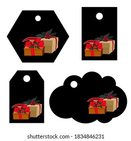 Black labels for gifts with a picture of a festive box with ribbon and berries. New Year's decoration for gifts. 