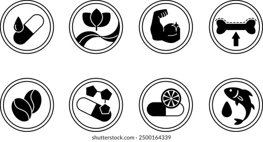 Black Labels for Medicine and Food Packaging. Vector Icons of Vitamin E, Fiber, Protein, Calcium, Caffeine, Minerals, Vitamin C, Omega 3 Fatty Acids