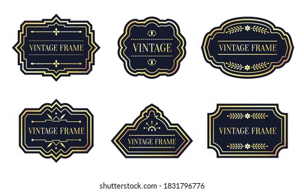 Schwarze Etiketten Retro mit goldenem Rahmen Vintage Set. Unterschiedliche Form leeren Rand Tag Menü Verkaufspreis mit dekorativen Elementen. Paketvorlage für Textbanner, Aufkleber. Einzelne Vektorgrafik