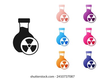 Black Laboratory chemical beaker with toxic liquid icon isolated on white background. Biohazard symbol. Dangerous symbol with radiation icon. Set icons colorful. Vector