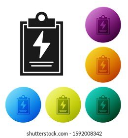Black Laboratory clipboard with checklist icon isolated on white background. Control list symbol. Set icons colorful circle buttons. Vector Illustration