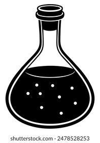 Black laboratory flask with liquid isolated icon. Vector illustration