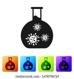 Black Laboratory glass test tube with virus and bacteria icon isolated on white background. Analysis microorganism, research, diagnosis. Set icon in color square buttons. Vector Illustration