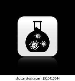 Black Laboratory glass test tube with virus and bacteria icon isolated on black background. Analysis microorganism, research, diagnosis. Silver square button. Vector Illustration