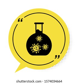 Black Laboratory glass test tube with virus and bacteria icon isolated on white background. Analysis microorganism, research, diagnosis. Yellow speech bubble symbol. Vector Illustration