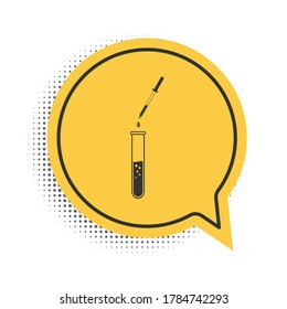 Black Laboratory pipette with liquid and falling droplet over test tube icon isolated on white background. Laboratory research or laboratory testing. Yellow speech bubble symbol. Vector.